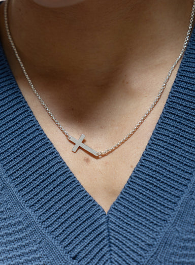 Sterling Silver Sideways Cross Pendant for Men on Rolo Chain Necklaces We Are All Smith