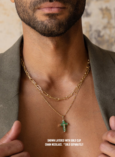 14k Gold Green Quartz Cross on 14k Gold Filled Figaro Chain Necklaces We Are All Smith