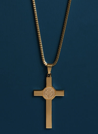 Large St. Benedict Gold Cross Necklace Jewelry WE ARE ALL SMITH: Men's Jewelry & Clothing.   