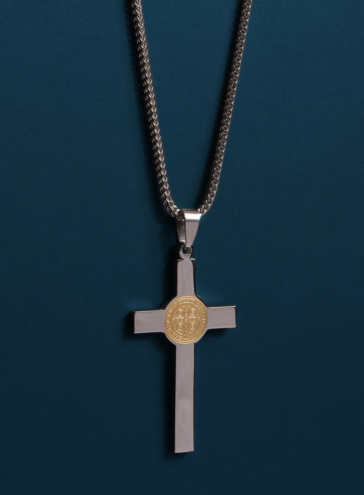 Large St. Benedict Gold and Silver Cross Necklace Jewelry WE ARE ALL SMITH: Men's Jewelry & Clothing.   