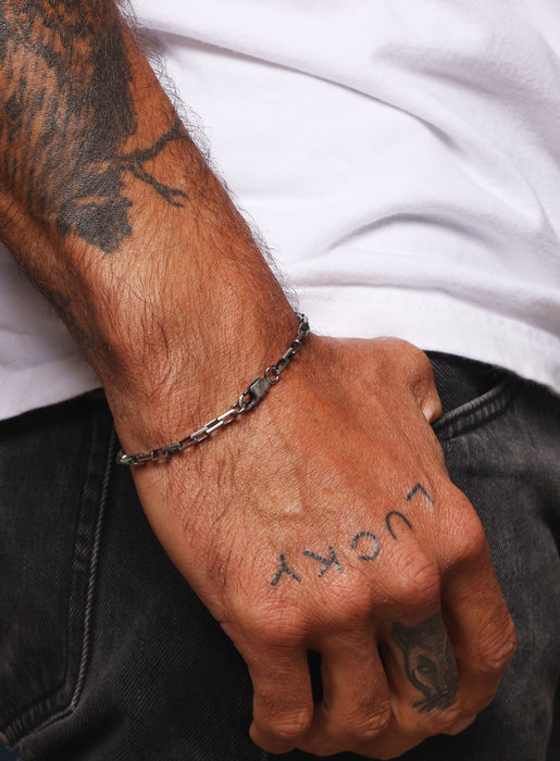 925 Oxidized Sterling Silver Elongated Box Chain Bracelet Bracelets WE ARE ALL SMITH: Men's Jewelry & Clothing.