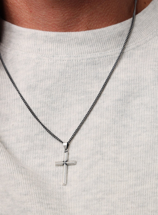 Large Sterling Silver Bevel Cross Pendant Necklace for Men Jewelry WE ARE ALL SMITH   