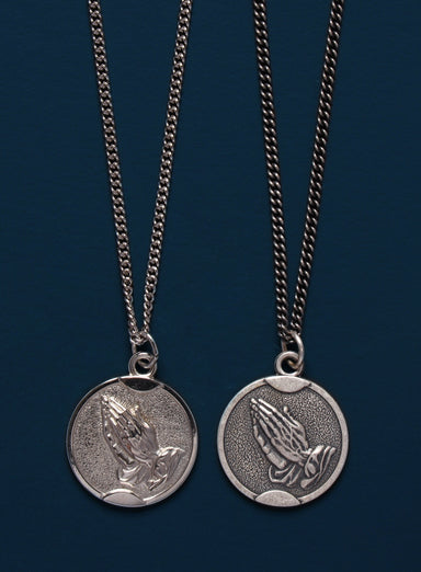 Praying Hands Round Sterling Silver Medal Necklace Jewelry WE ARE ALL SMITH