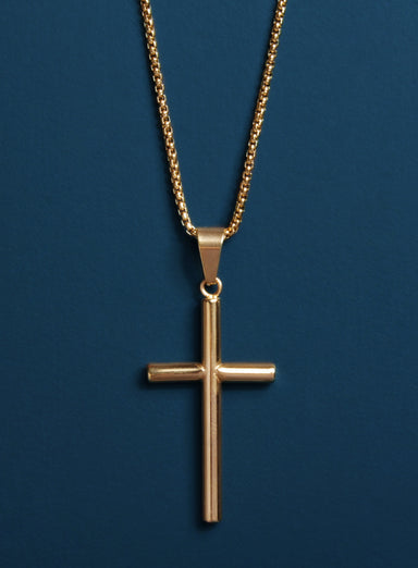 Large Gold Plated Stainless Steel "Bamboo" Cross Men's Necklace Necklaces WE ARE ALL SMITH   