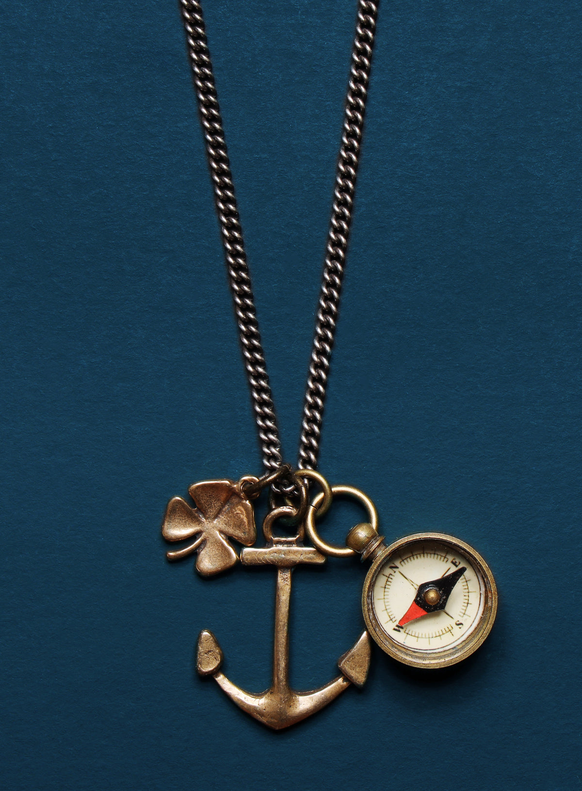Bronze anchor, four leaf clover and compass necklace for men — WE