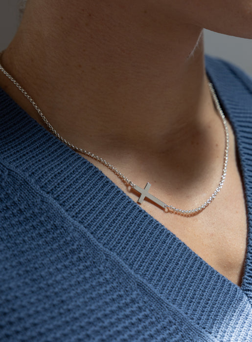 Sterling Silver Sideways Cross Pendant for Men on Rolo Chain Necklaces We Are All Smith