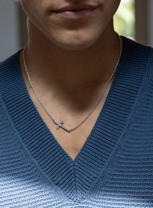 Sterling Silver Sideways Cross Pendant for Men on Rolo Chain Necklaces We Are All Smith