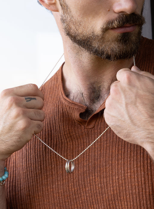 Sterling Silver Double Rings Ball Chain Necklace for Men