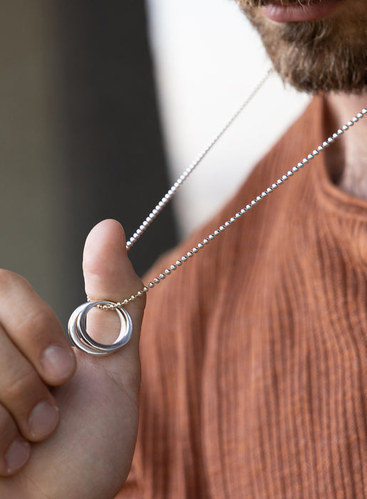 Sterling Silver Double Rings Ball Chain Necklace for Men