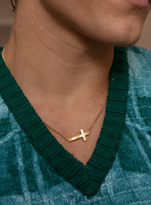 Vermeil Gold Sideways Cross on 14k Gold Filled Curb Chain Necklaces We Are All Smith