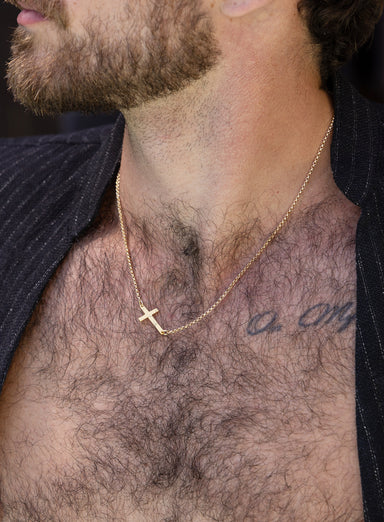 Gold Vermeil Sideways Cross Pendant on 14k Gold Filled Rolo Chain Necklaces We Are All Smith