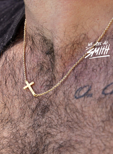 Gold Vermeil Sideways Cross Pendant on 14k Gold Filled Rolo Chain Necklaces We Are All Smith