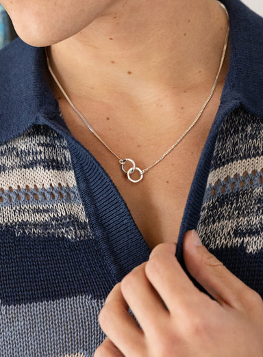 Sterling Silver Double Interlaced Two Rings Necklace for Men
