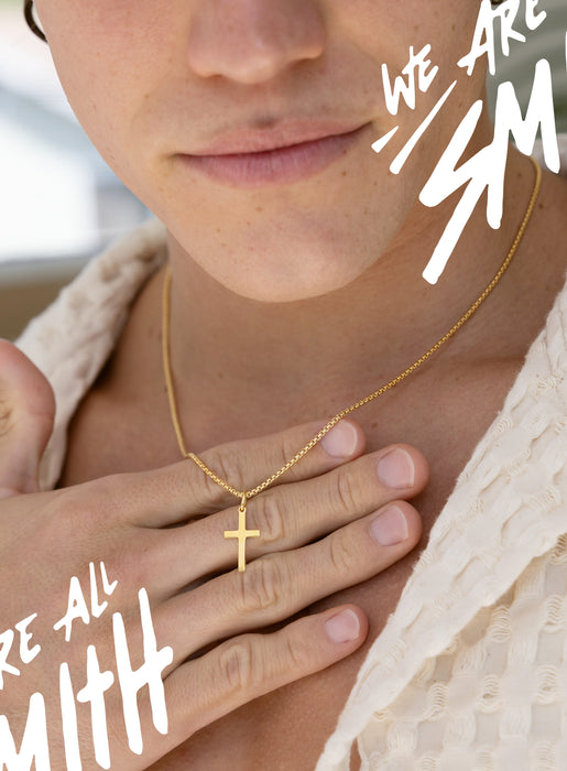 14k Gold Vermeil Small Cross on 14K Gold Filled Venetian Box Chain Necklaces We Are All Smith
