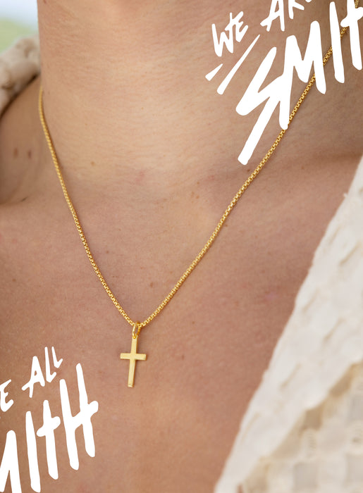 14k Gold Vermeil Small Cross on 14K Gold Filled Venetian Box Chain Necklaces We Are All Smith