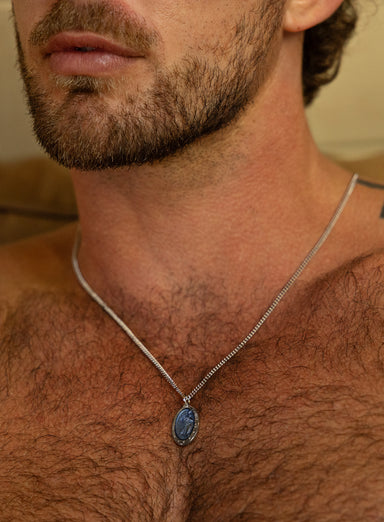 Saint Christopher Pendant with Blue Enamel on Sterling Silver Rhodium Chain Necklaces WE ARE ALL SMITH: Men's Jewelry & Clothing.