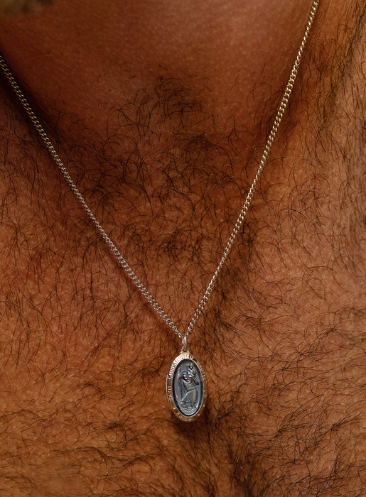 Saint Christopher Pendant with Blue Enamel on Sterling Silver Rhodium Chain Necklaces WE ARE ALL SMITH: Men's Jewelry & Clothing.
