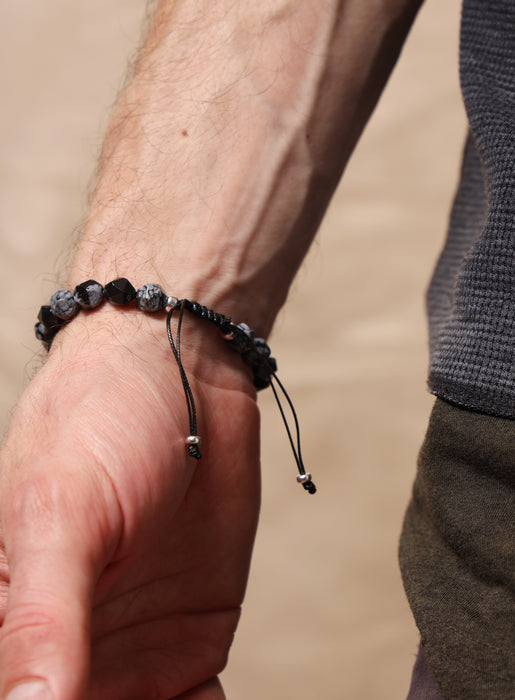 Snowflake Obsidian and Sterling Silver Men's Bead Bracelet Bracelets WE ARE ALL SMITH: Men's Jewelry & Clothing.   