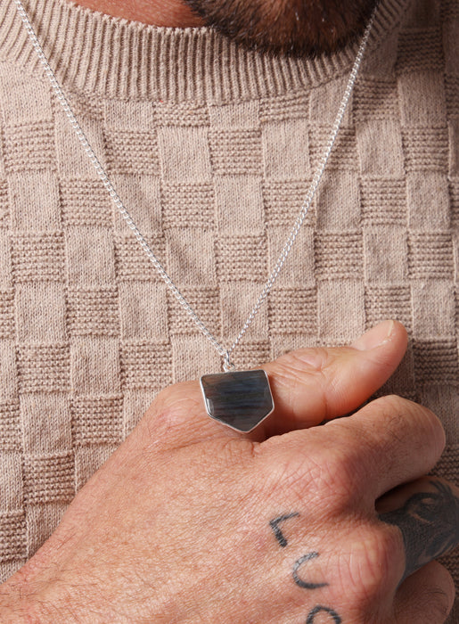925 Sterling Shield Shape Genuine Labradorite Pendant Necklace Necklace WE ARE ALL SMITH: Men's Jewelry & Clothing.   