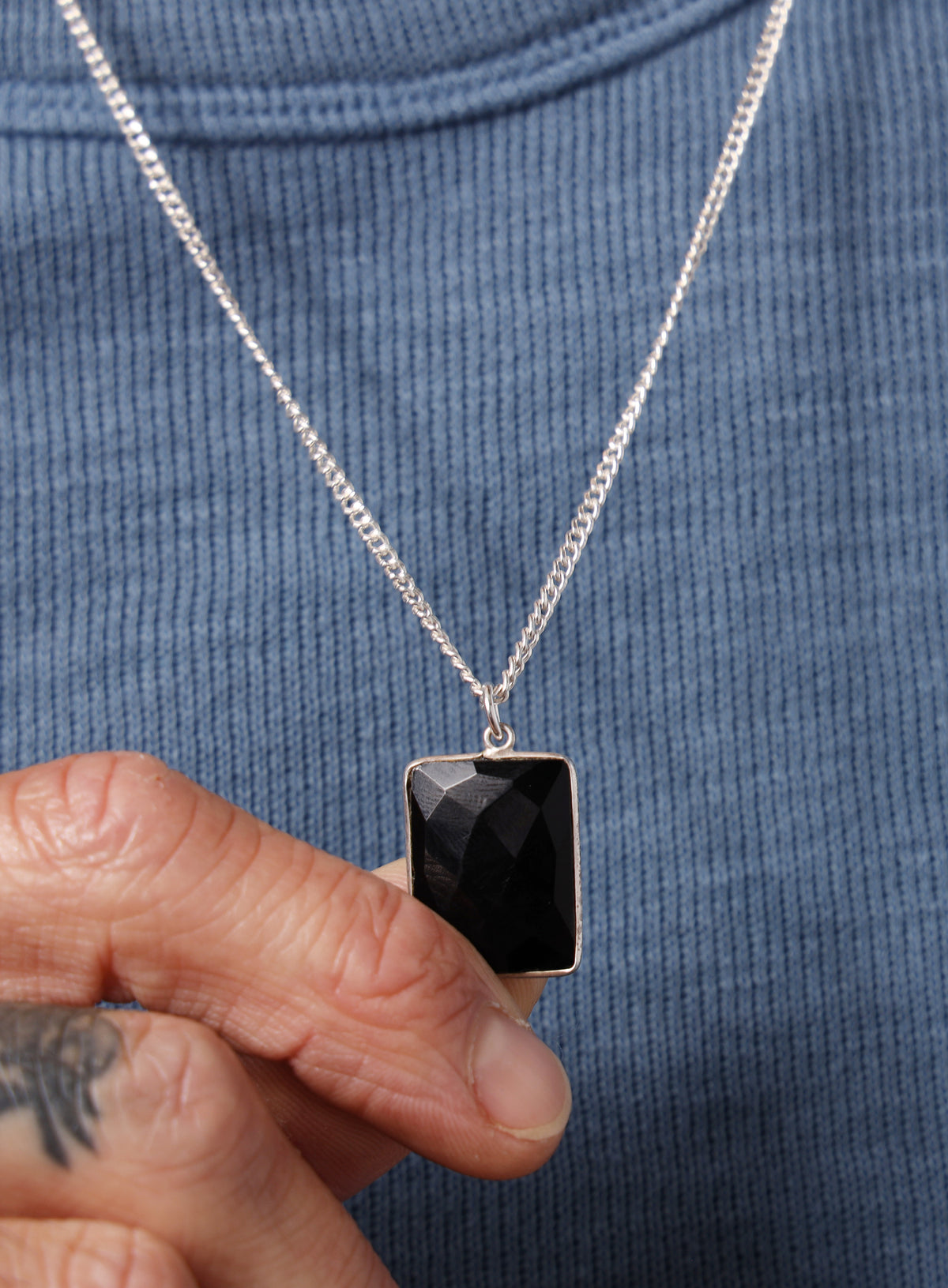 925 Sterling Silver Genuine Black Onyx Pendant Chain Necklace — WE