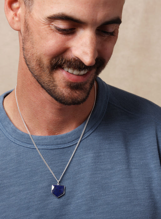 925 Sterling Shield Shape Genuine Lapis Lazuli Pendant Necklace Necklace WE ARE ALL SMITH: Men's Jewelry & Clothing.   