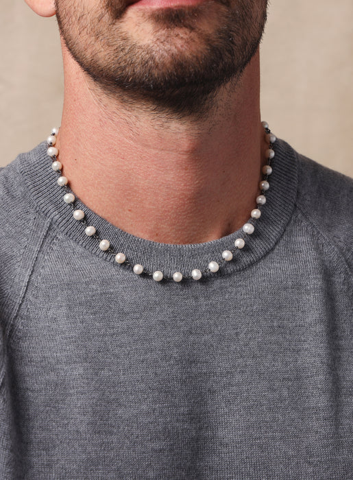 925 Oxidized Sterling Silver White Natural Pearls Necklace for Men Necklace WE ARE ALL SMITH: Men's Jewelry & Clothing.   