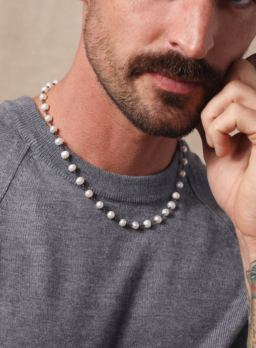 925 Oxidized Sterling Silver White Natural Pearls Necklace for Men Necklace WE ARE ALL SMITH: Men's Jewelry & Clothing.   