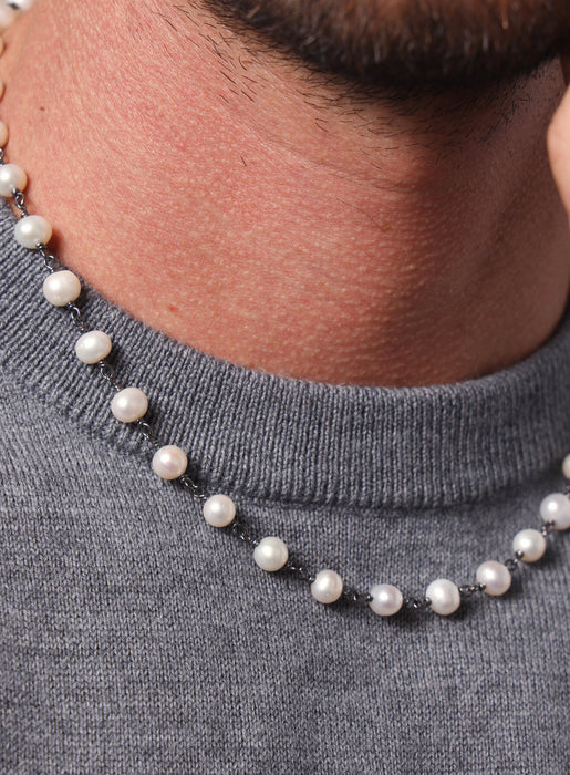 925 Oxidized Sterling Silver White Natural Pearls Necklace for Men Necklace WE ARE ALL SMITH: Men's Jewelry & Clothing.   