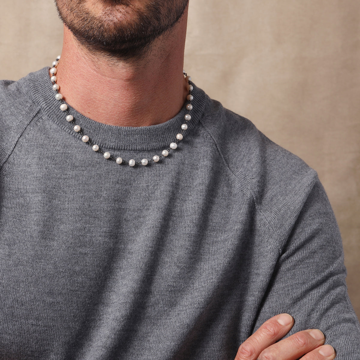 925 Oxidized Sterling Silver White Natural Pearls Necklace for Men