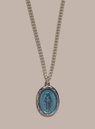 Sterling Silver Blue Enamel Miraculous Medal Oval Pendant Necklace for Men Necklace WE ARE ALL SMITH: Men's Jewelry & Clothing.   