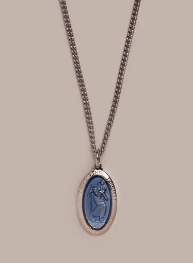 Saint Christopher Pendant with Blue Enamel on Sterling Silver Rhodium Chain Necklaces WE ARE ALL SMITH: Men's Jewelry & Clothing.