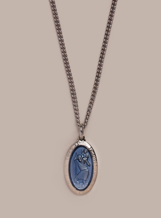 Saint Christopher Pendant with Blue Enamel on Sterling Silver Rhodium Chain Necklaces WE ARE ALL SMITH: Men's Jewelry & Clothing.