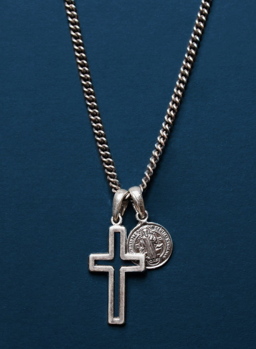 Sterling Silver Cross + Saint Benedict Medal for Men Necklaces WE ARE ALL SMITH   