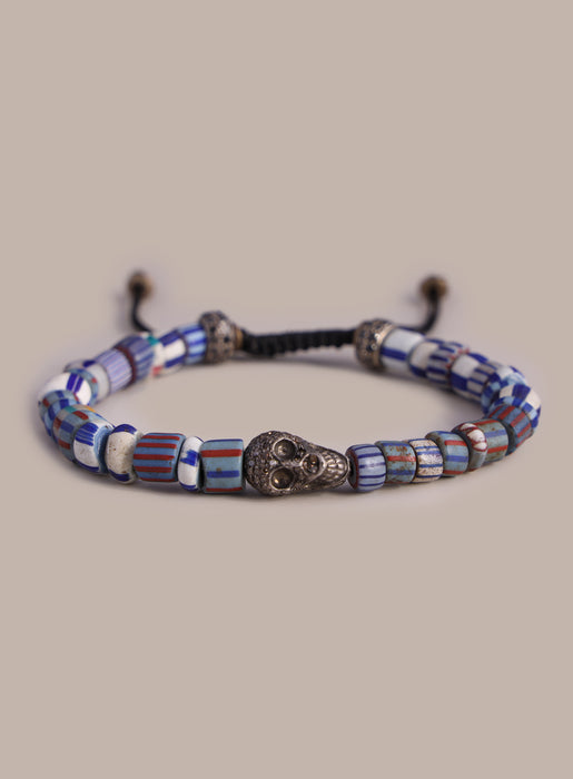 One-of-a-kind Skull Diamond + African Blue Chevron Bead Bracelet Bracelets WE ARE ALL SMITH: Men's Jewelry & Clothing.