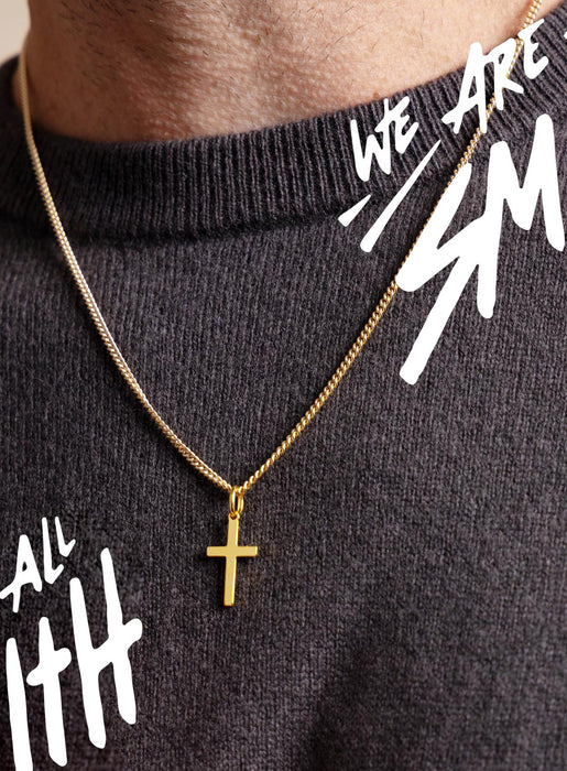 Small Vermeil Gold Cross Necklace for Men – 14k Vermeil Pendant, 14k Gold Filled Curb Chain, Unique Gifts for Birthdays, Boyfriend, Husband WE ARE ALL SMITH