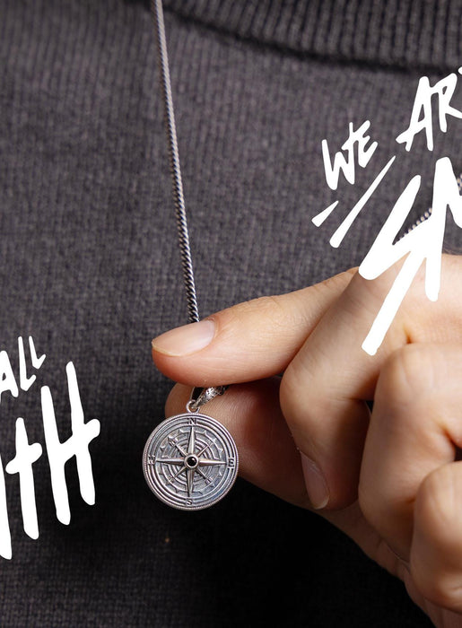 Oxidized Silver Compass Necklace - Black Moissanite Gemstone - Sterling Curb Chain - Silver Jewelry Gifts for boyfriend, son, graduation WE ARE ALL SMITH