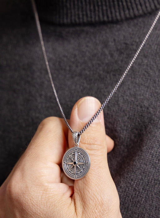 Oxidized Silver Compass Necklace - Black Moissanite Gemstone - Sterling Curb Chain - Silver Jewelry Gifts for boyfriend, son, graduation WE ARE ALL SMITH