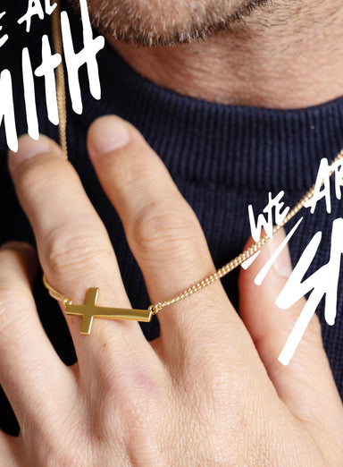 Sideways Vermeil Gold Men's Cross Pendant Necklace on 2mm 14k Filled Curb Chain - Catholic Jewelry Gifts for Men, Son, Husband, BFF WE ARE ALL SMITH