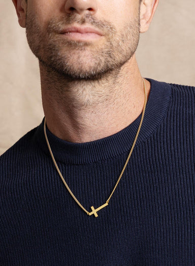 Sideways Vermeil Gold Men's Cross Pendant Necklace on 2mm 14k Filled Curb Chain - Catholic Jewelry Gifts for Men, Son, Husband, BFF WE ARE ALL SMITH