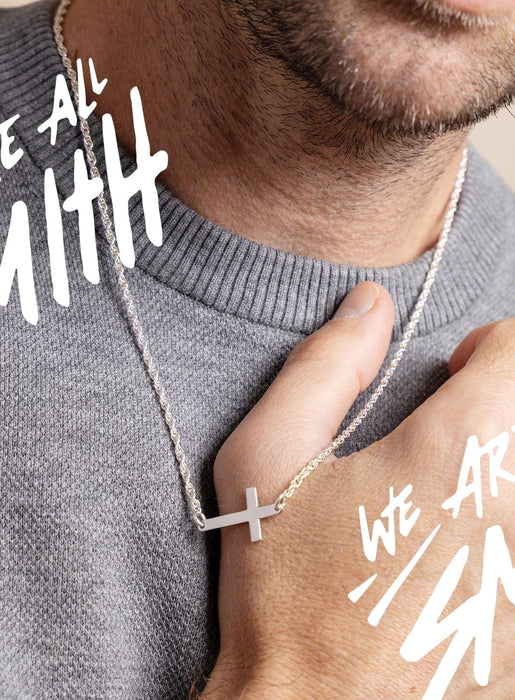Sideways Sterling Silver Men's Cross Pendant Necklace on 2mm Sterling Silver Rope Chain - Catholic Jewelry Gifts for Men, Son, Husband, BFF WE ARE ALL SMITH