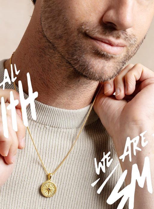 Vermeil Gold Compass Necklace - Black Moissanite Gem - 14k Gold Filled Box Chain - Gold Jewelry Gifts for men, boyfriend, son, graduation WE ARE ALL SMITH