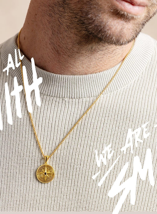 Vermeil Gold Compass Necklace - Black Moissanite Gem - 14k Gold Filled Box Chain - Gold Jewelry Gifts for men, boyfriend, son, graduation WE ARE ALL SMITH