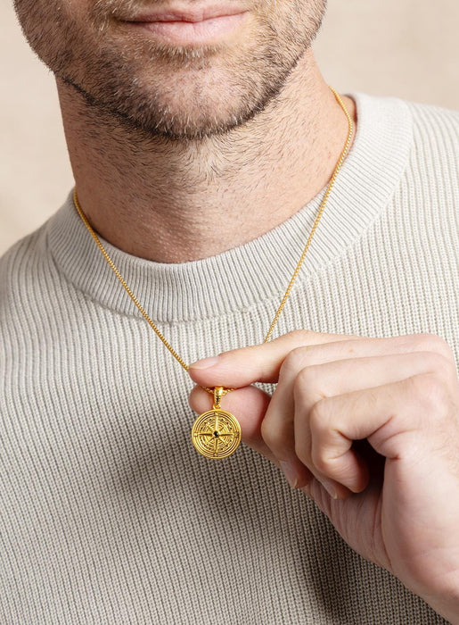 Vermeil Gold Compass Necklace - Black Moissanite Gem - 14k Gold Filled Box Chain - Gold Jewelry Gifts for men, boyfriend, son, graduation WE ARE ALL SMITH