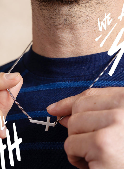 Sideways Sterling Silver Men's Cross Pendant Necklace on 2mm Sterling Silver Curb Chain - Catholic Jewelry Gifts for Men, Son, Husband, BFF WE ARE ALL SMITH