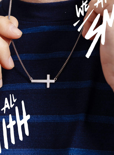 Sideways Sterling Silver Men's Cross Pendant Necklace on 2mm Sterling Silver Curb Chain - Catholic Jewelry Gifts for Men, Son, Husband, BFF WE ARE ALL SMITH