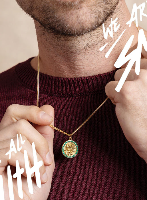 Men's Necklace Gold Saint Christopher Round Medal - 14k Gold Filled chain w/ Vermeil Gold Green enamel pendant / Father's Day Gifts for him WE ARE ALL SMITH