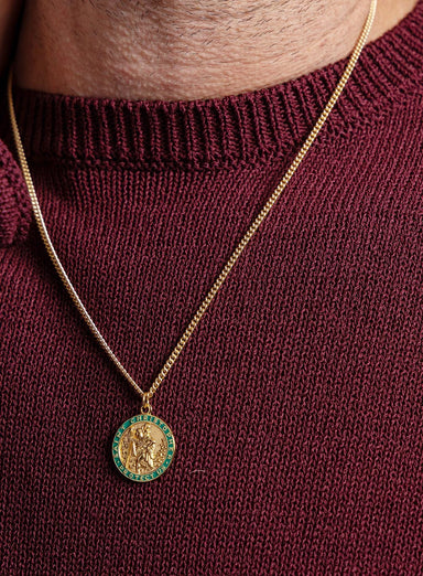 Men's Necklace Gold Saint Christopher Round Medal - 14k Gold Filled chain w/ Vermeil Gold Green enamel pendant / Father's Day Gifts for him WE ARE ALL SMITH