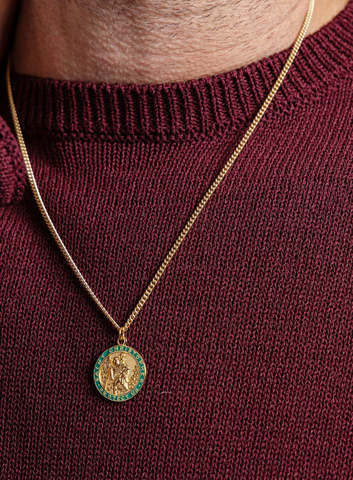 Men's Necklace Gold Saint Christopher Round Medal - 14k Gold Filled chain w/ Vermeil Gold Green enamel pendant / Father's Day Gifts for him WE ARE ALL SMITH