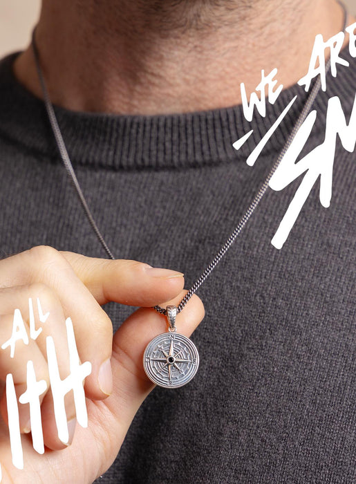 Oxidized Silver Compass Necklace - Black Moissanite Gemstone - Sterling Curb Chain - Silver Jewelry Gifts for boyfriend, son, graduation WE ARE ALL SMITH