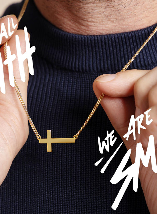 Sideways Vermeil Gold Men's Cross Pendant Necklace on 2mm 14k Filled Curb Chain - Catholic Jewelry Gifts for Men, Son, Husband, BFF WE ARE ALL SMITH